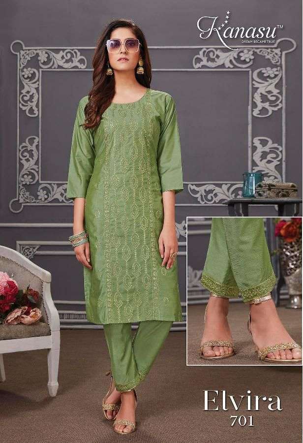 ELVIRA SERIES 701 TO 708 KURTI BY KANASU DESIGNER CHANDERI SILK KURTIS ARE AVAILABLE AT WHOLESALE PRICE
